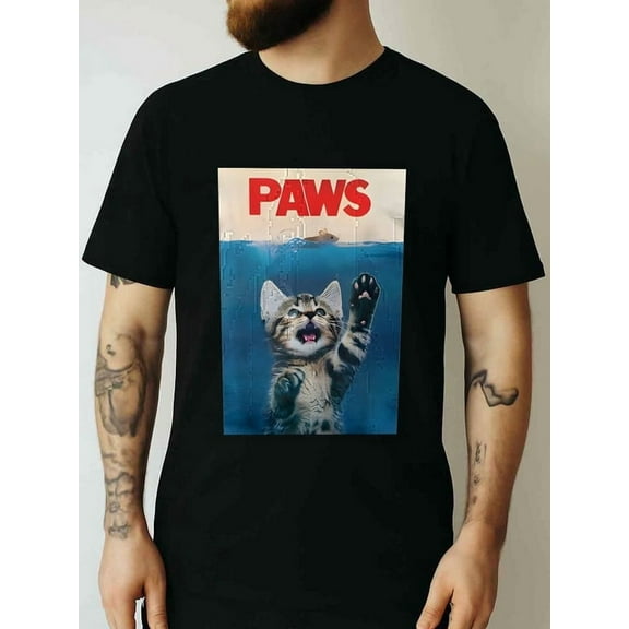 Men's Summer Round Neck Short Sleeved Casual Cotton Print Cat Parody Of Jaws: Paws T-Shirt