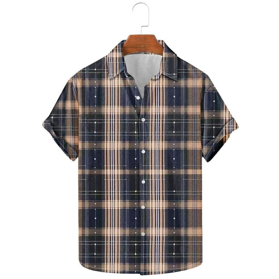 Men's Summer Shirt Fashion Retro Plaid Splicing Print Shirts Beach Vacation Cardigan Short Sleeve Lapel Button Blouse Top