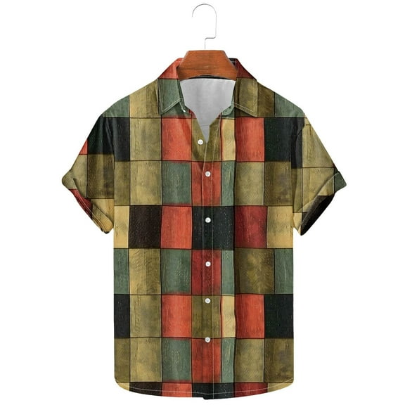 Men's Summer Shirt Fashion Retro Plaid Splicing Print Shirts Beach Vacation Cardigan Short Sleeve Lapel Button Blouse Top