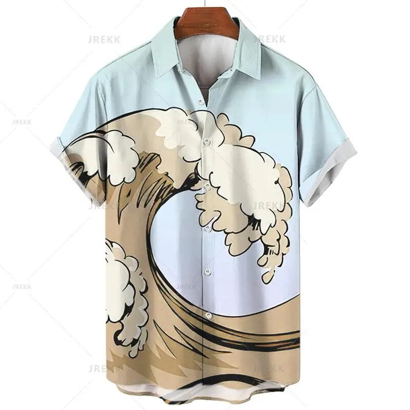 Men's Summer Shirt Waves Short Sleeve Top Fashion Lapel Single Breasted ...