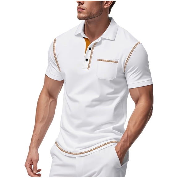 Men's Summer Shirts Casual Solid Color Short Sleeve Tees Trendy Button Collared V Neck Slim Fit Tops Pocket