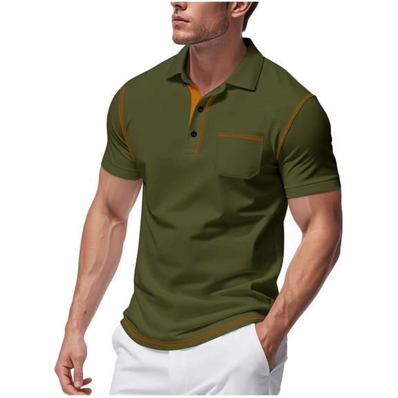 Men's Summer Shirts Casual Solid Color Short Sleeve Tees Trendy Button Collared V Neck Slim Fit Tops Pocket