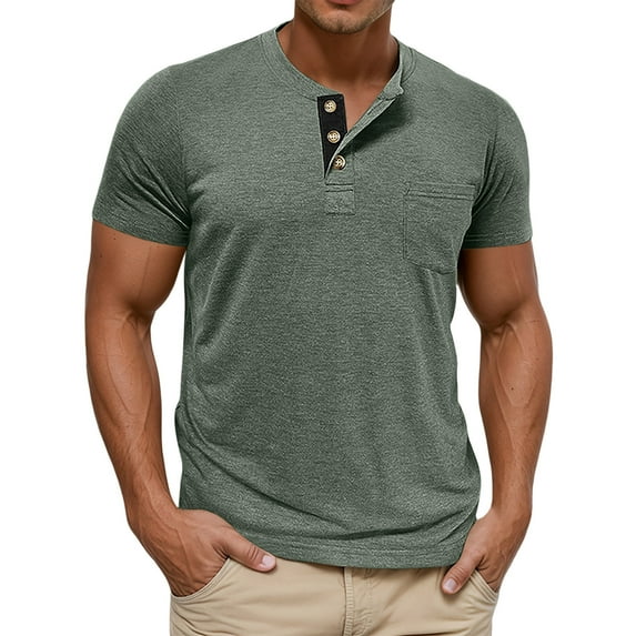 Men's Summer Short Sleeve Colour Blocking Three Buttons Knitted Crew Neck Pullover T Shirt Solid-color Fashionable Shirt,Color:Green,Size:XXL