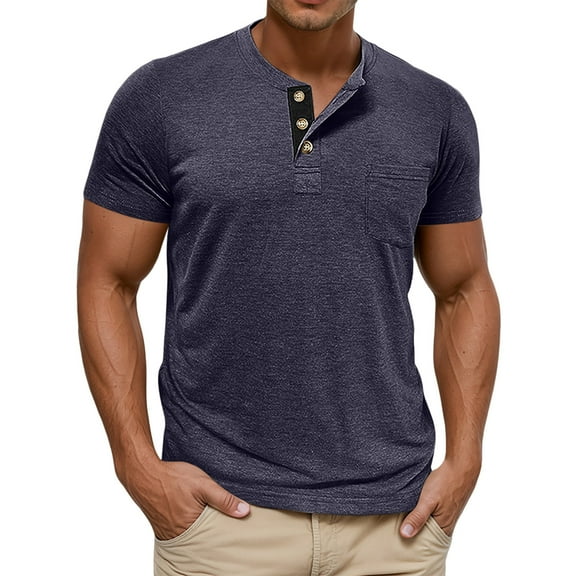 Men's Summer Short Sleeve Colour Blocking Three Buttons Knitted Crew Neck Pullover T Shirt Solid-color Fashionable Shirt,Color:Navy,Size:XXL
