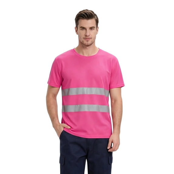 Men's Summer Short Sleeve Crew Neck High Visibility Reflective Breathable Safety T-Shirt Breathable Quick Dry Top Pink 4XL