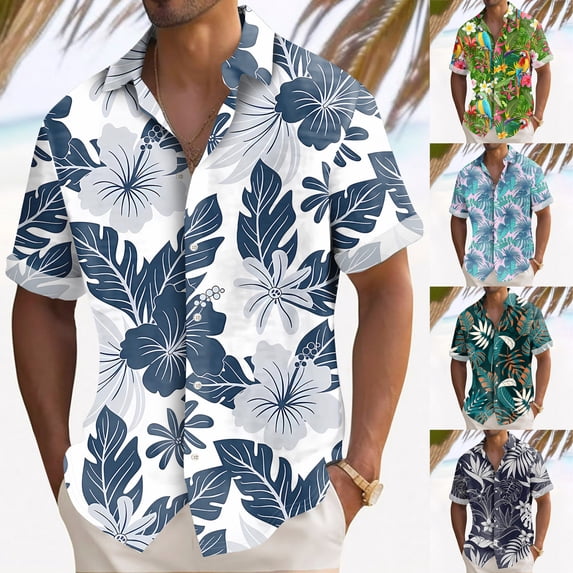 Men's Summer Short Sleeve Hawaiian Floral Button Down Shirt Vacation Beach Shirts White L