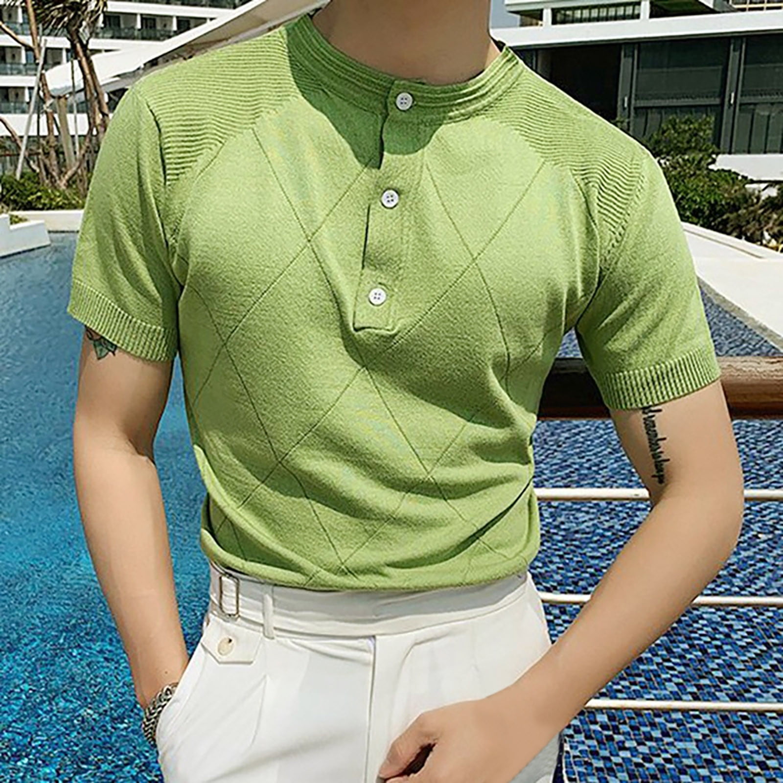 Men's Short Sleeve Knitted Polo Shirt Button Casual Slim Fit Henley Shirts