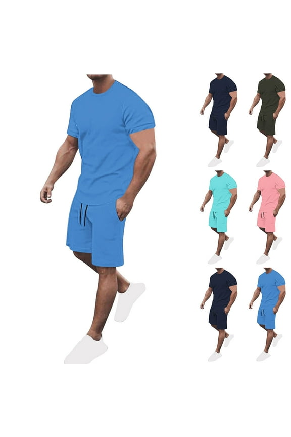 Men's Summer Short Sleeve Set Breathable Sports Outfit Solid Color Round Neck T-Shirt Top with 5-Point Shorts Casual Loose Fit Gym Workout Beach Vacation Streetwear | AESTIVO,Army Green L