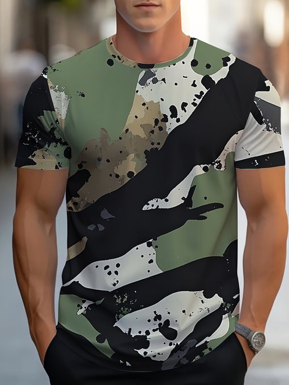 Men's Summer Short Sleeve T-Shirt - Breathable Mesh Fabric Camouflage Geometric Pattern, Olive Green and Black Casual Crew Neck Top, Comfortable Street Style Durable Daily Wear