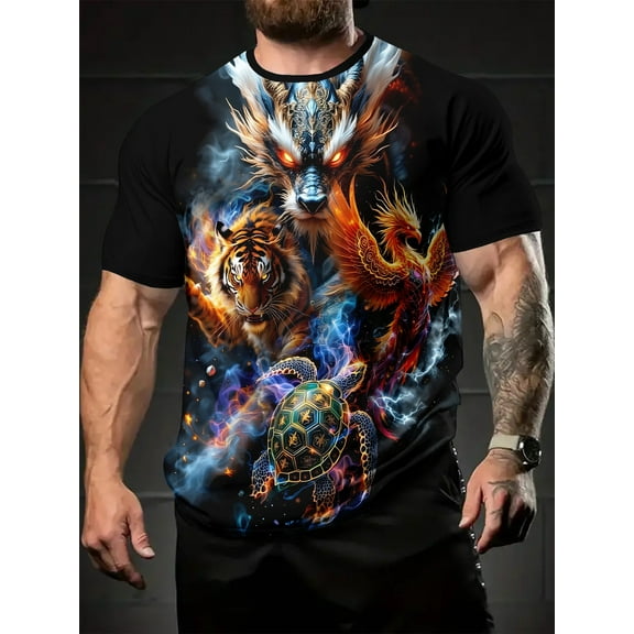 Men's Summer Short Sleeve T-Shirt - Vivid Tiger, Dragon, Phoenix, and Turtle Patterns - Breathable Fabric, Suitable for Daily Wear and Outdoor Activities Standard Casual T-Shirt