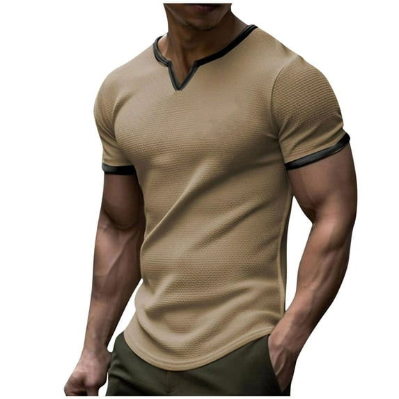 Men's Summer Short Sleeve Waffle T-Shirt Casual V Neck Colorblock Lightweight Fashion Slim Fit Gym Athletic Tee Tops