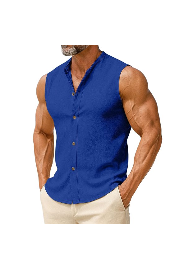Men's Summer Sleeveless Button Up Tank Shirt Gauze Beach Tank Tops Band Collar V Neck Textured Cotton Linen Shirts
