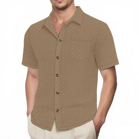 Men's Summer Solid Color Button Down Shirt Lapel Short Sleeve Polyester, Contrasting Prints, Chest Pockets, Machine Washable