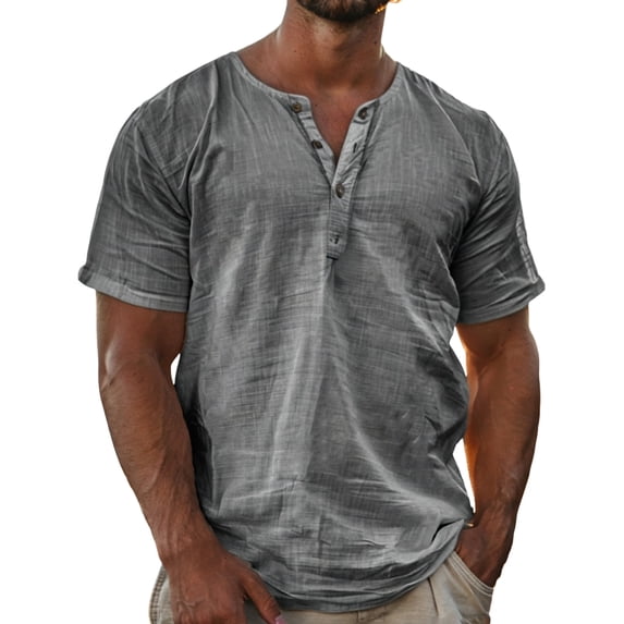 Men's Summer Solid Color Henley Neck Short Sleeve Shirt Casual Lightweight Breathable Button Placket Tops Loose Fit Comfortable Blouse