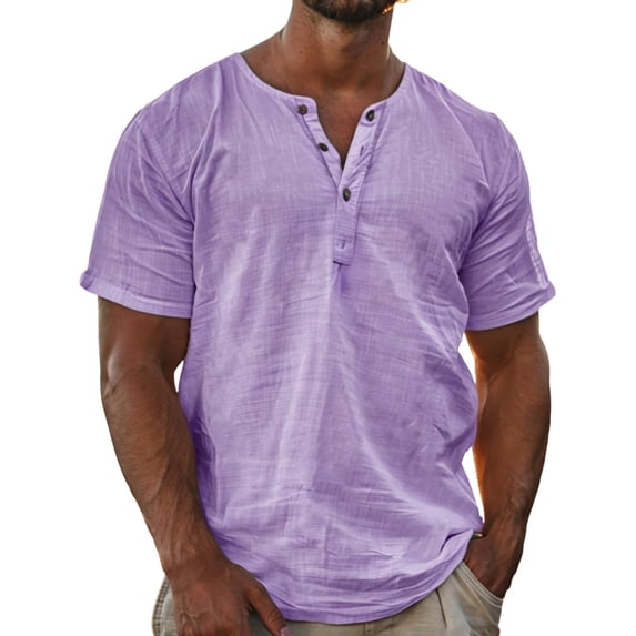 Men's Summer Solid Color Henley Neck Short Sleeve Shirt Casual Lightweight Breathable Button Placket Tops Loose Fit Comfortable Blouse