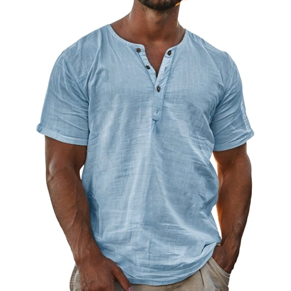 Men's Summer Solid Color Henley Neck Short Sleeve Shirt Casual Lightweight Breathable Button Placket Tops Loose Fit Comfortable Blouse