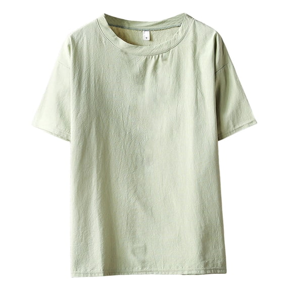 Men's Summer Solid Color Round Neck Linen Short Sleeve T-Shirt Japanese Style, Big Yards, Lightweight, Versatile, Suitable for Daily and Beach