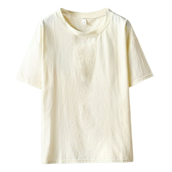 Men's Summer Solid Color Round Neck Linen Short Sleeve T-Shirt Japanese Style, Big Yards, Lightweight, Versatile, Suitable for Daily and Beach