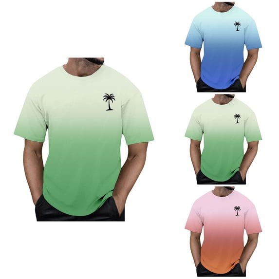 Men's Summer Streetwear Casual T-Shirt, Gradient Color Print, Breathable Ombre Tropical Design, Short Sleeve Crewneck Tee for Daily Wear and Outdoor Activities