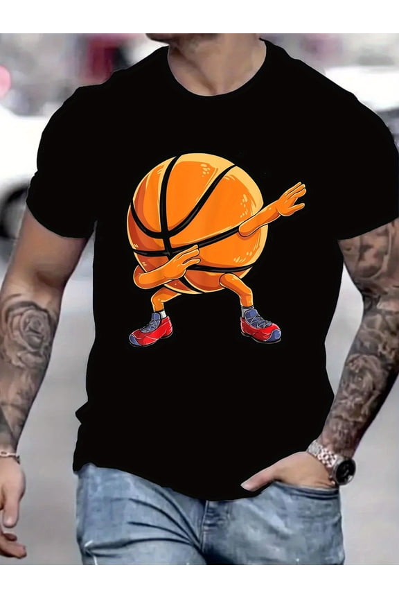 Men's Summer Streetwear T-Shirt - Hilarious Anthropomorphic Basketball in Sneakers Graphic Print, Regular Fit Round Neck Short Sleeve Tee for Basketball Fans, Machine Washable Casual Top