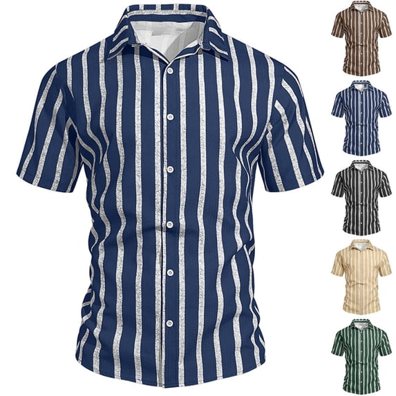 Men's Summer Striped Flannel Collar Short Sleeve Button Up Shirt Casual Beach Shirt Tops for Vacation Golf Fishing Loose Fit Modern Fashion Essential | AESTIVO,Black L