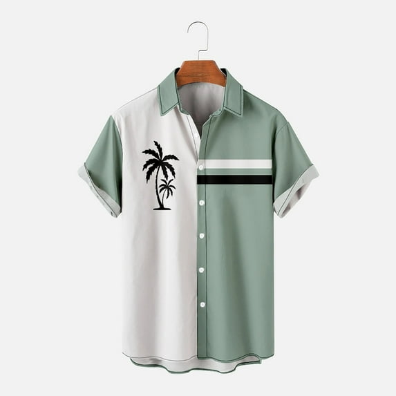 Men's Summer Stylish Short Sleeve Shirts Stitching Color Lapel Button Down Tees Shirts Palm Pattern Tropical Holiday Beach Hawaiian Shirt for Men
