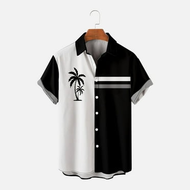 Men's Summer Stylish Short Sleeve Shirts Stitching Color Lapel Button Down Tees Shirts Palm Pattern Tropical Holiday Beach Hawaiian Shirt for Men