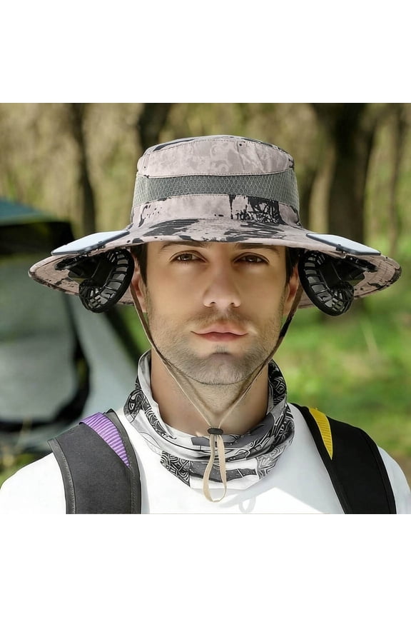 Men's Summer Sun Hat With Clip On Solar Powered Fan Hands Free Cooling UV Protection Breathable For Outdoor Activities In Hot Weather Beige One Size