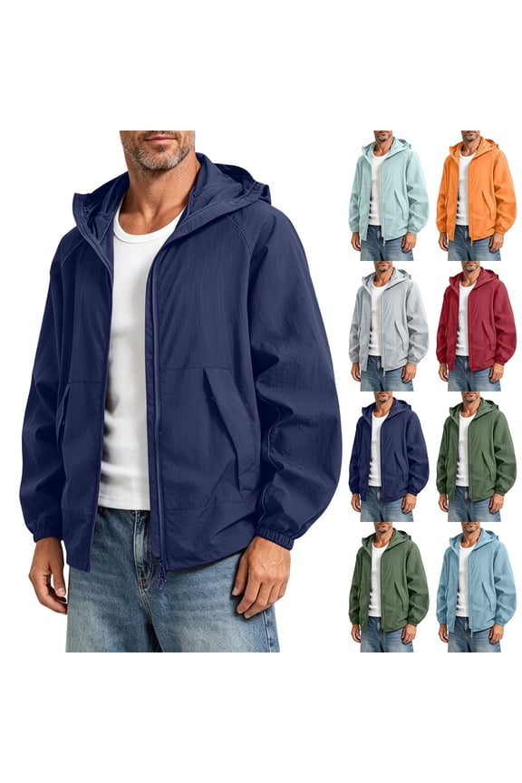 Men's Summer Sun Protection Hooded Color Block Jacket, Outdoor Casual Hiking Fitness Sweatshirt, Breathable Quick Dry Long Sleeve Top, Lightweight Travel Layering Piece | JASKFLY,Red S