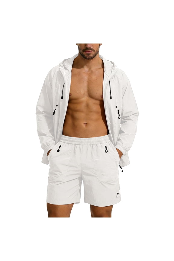 Men's Summer Sun Protection Outfits UPF 50+ Full Zip Hoodie Jackets Matching Shorts Outdoor Fishing Sets