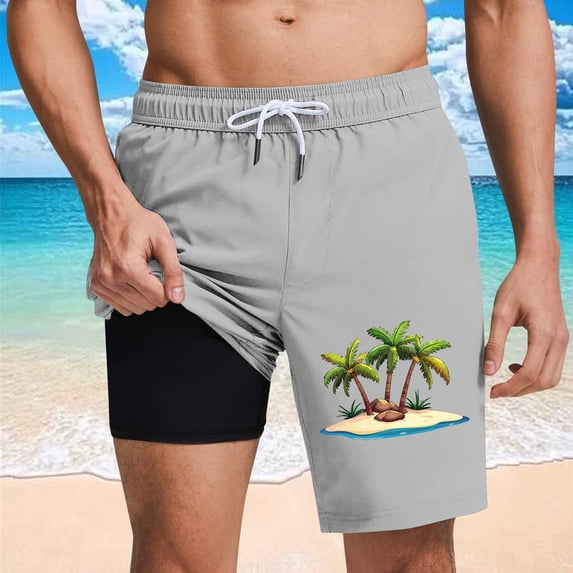 Men's Summer Swim Trunks Beach Shorts Loose Elastic Waist Drawstring Quickly Dry Double Layer Swimming Shorts Mens Casual Hawaiian Coconut Tree Print Plus Size Baggy Lightweight Board Short