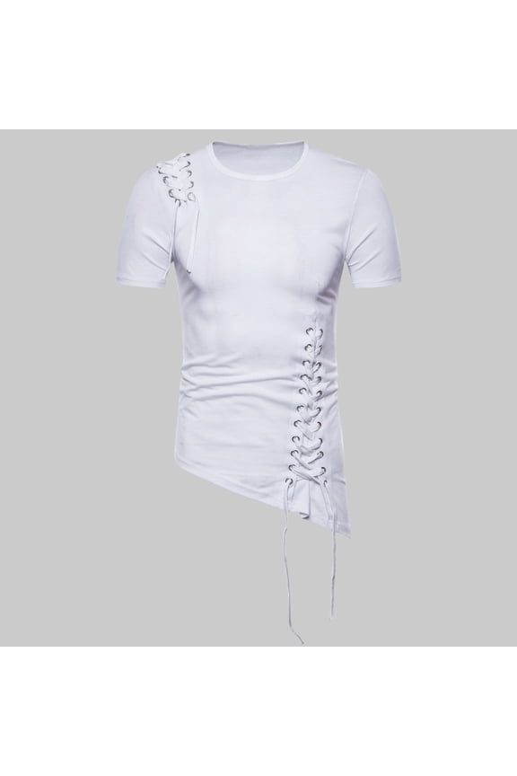 Men's Summer T-Shirt, Short Sleeve, Casual Round Neck, Irregular Hem & Braided Rope Detail, Breathable & Stretch Fabric