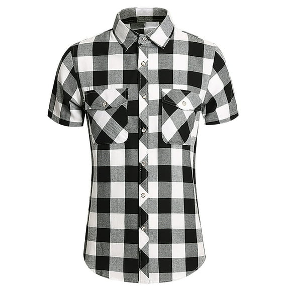 Men's Summer T-Shirts Double Pockets Plaid Shirts Casual Lightweight Tees Slim Fit Short Sleeve Tops Classic Vintage Button Down Shirt for Party, Vacation