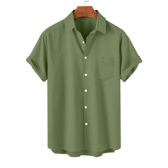 Men's Summer T-shirts with Pockets Folded Cuffs Lapel Short Sleeve Solid Color Business Office Shirt Army Green M-5XL