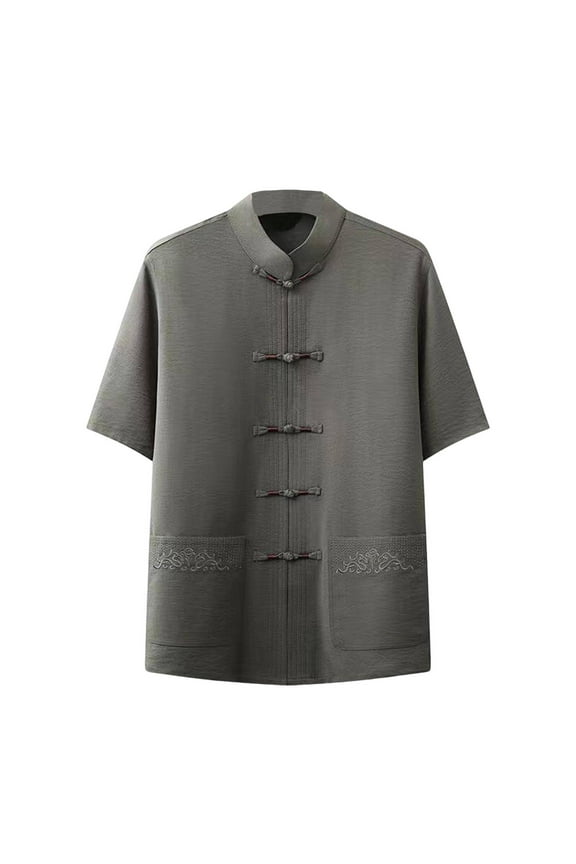 Men's Summer Tang Suit Shirt Short Sleeve Traditional Kung Fu Uniform Chinese Frog Buttons Lightweight Jacket