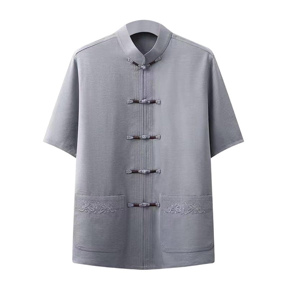 Men's Summer Tang Suit Shirt Short Sleeve Traditional Kung Fu Uniform Chinese Frog Buttons Lightweight Jacket