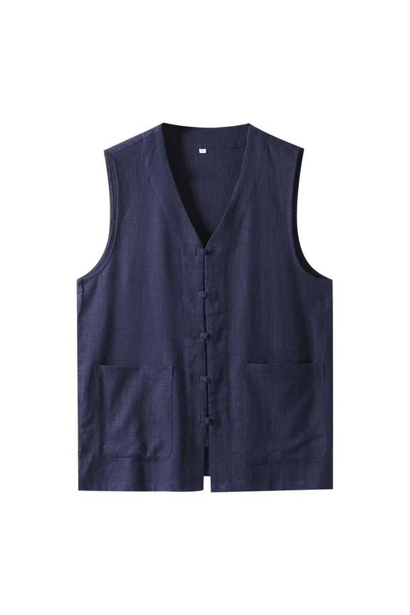 Men's Summer Thin Cotton Linen V-Neck Sleeveless Vest Tank Top, Large Size Tang Suit Jacket