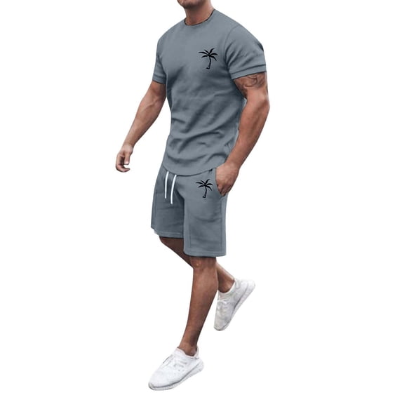 Men's Summer Tracksuit Plus Size Short Sleeve O Neck Casual Color Block Drawstring Waist Set,GY1,S