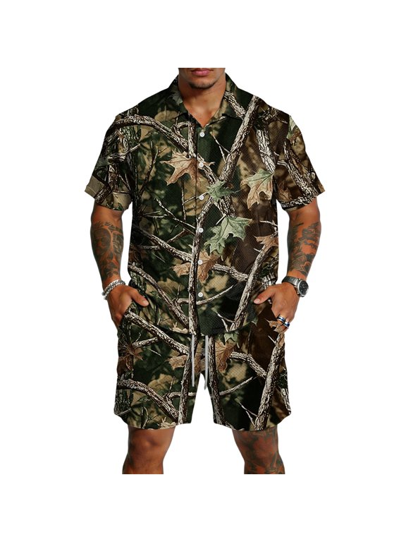 Men's Summer Two Piece Tracksuit Camo Short Sleeve Shirt and Shorts Casual Outfit Set