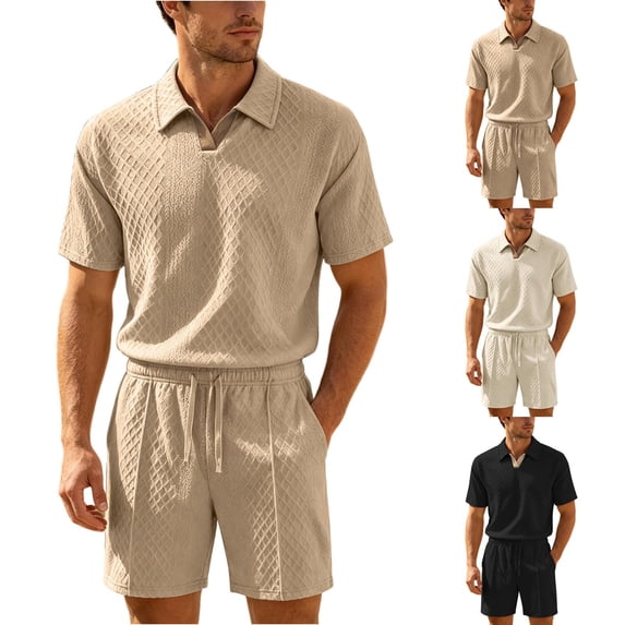 Men's Summer Vacation Knit Outfit, Textured Polo Shirt and Shorts 2-Piece Set for Beach and Resort Wear Khaki