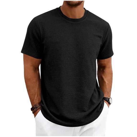 Men's Summer Vintage Solid Crewneck T-Shirt, Short Sleeve Textured Stretch Casual Tee, Loose Breathable Vacation Daily Wear, Big and Tall Sizes S-3XL Black