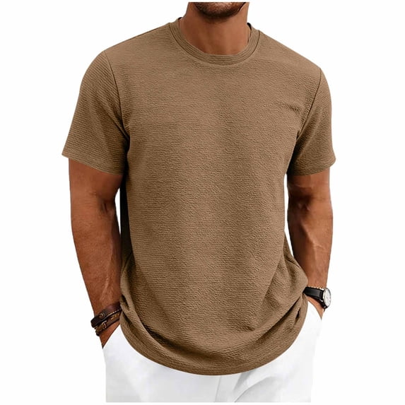 Men's Summer Vintage Solid Crewneck T-Shirt, Short Sleeve Textured Stretch Casual Tee, Loose Breathable Vacation Daily Wear, Big and Tall Sizes S-3XL Brown
