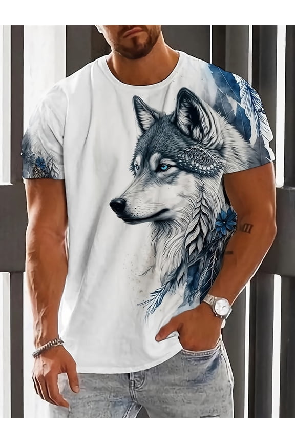 Men's Summer Wolf Dog Digital Print T-Shirt, 3D Round Neck Short Sleeve, Premium Men's Top, Casual Sports Shirt, Men's Clothing