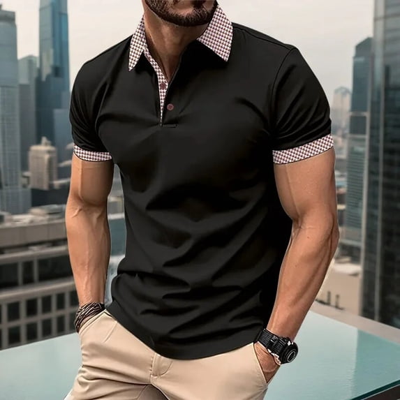 Men's Summer casual short sleeved polo shirt fashionable thousand bird plaid lapel T-shirt men's breathable polo shirt men's top