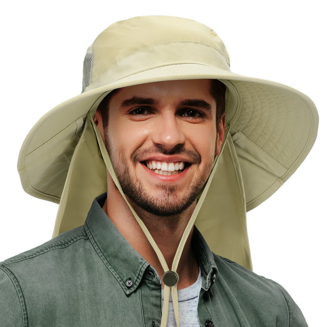 Men's Sun Hat with Neck Flap, Wide Brim Fishing Safari Hiking Hat, UPF 50+ Protection, Adjustable Chin Strap