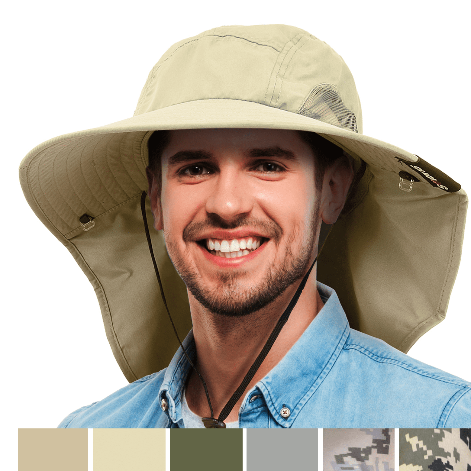 Tirrinia Camo Mens Sun Hat Wide Brim Safari Hunting Military Jungle Desert  Cap with Neck Flap, Digital Green 
