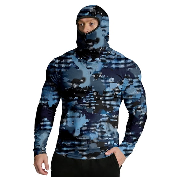 Men's Sun Protection Camo Hoodie Shirt Spf UV Upf 50+ Rash Guard Shirt Long Sleeve Fishing Lightweight Cooling Hoodies with Face Cover,Blue M