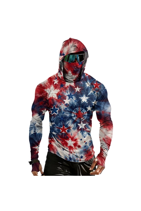 Men's Sun Protection Compression Hoodie Shirt Patriotic USA Flag Print Muscle Hooded UPF 50+ Long Sleeve Fishing Shirt Face Mask UV Rash Guard