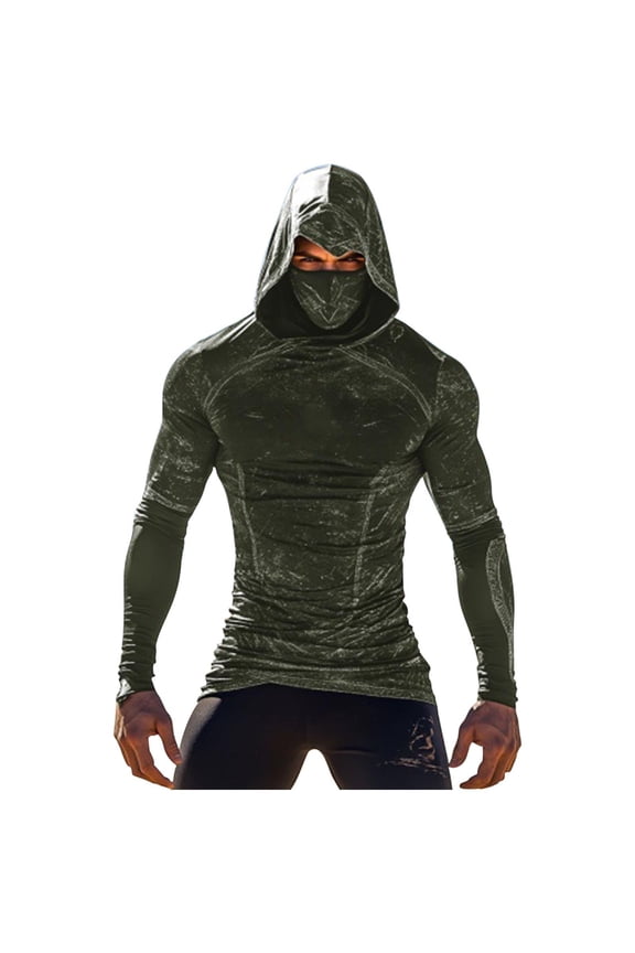 Men's Sun Protection Fashion Printed Hoodie Shirts Long Sleeve Compression Rash Guard with Mask Outdoor Tops