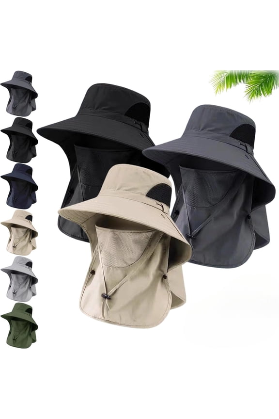 Men's Sun Protection Hat with Detachable Face Mask Cover and Neck Flap, UPF 50+ Wide Brim Fisherman Hat, Waterproof Lightweight Breathable Mesh Hiking Fishing Cap with Adjustable Chin Strap